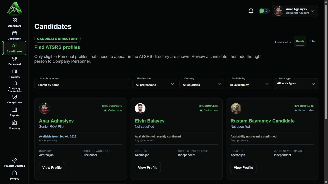 ATSRS Corporate candidate directory in dark mode