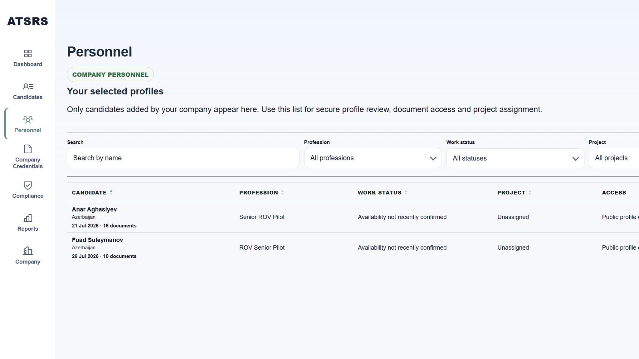 ATSRS Corporate candidate directory