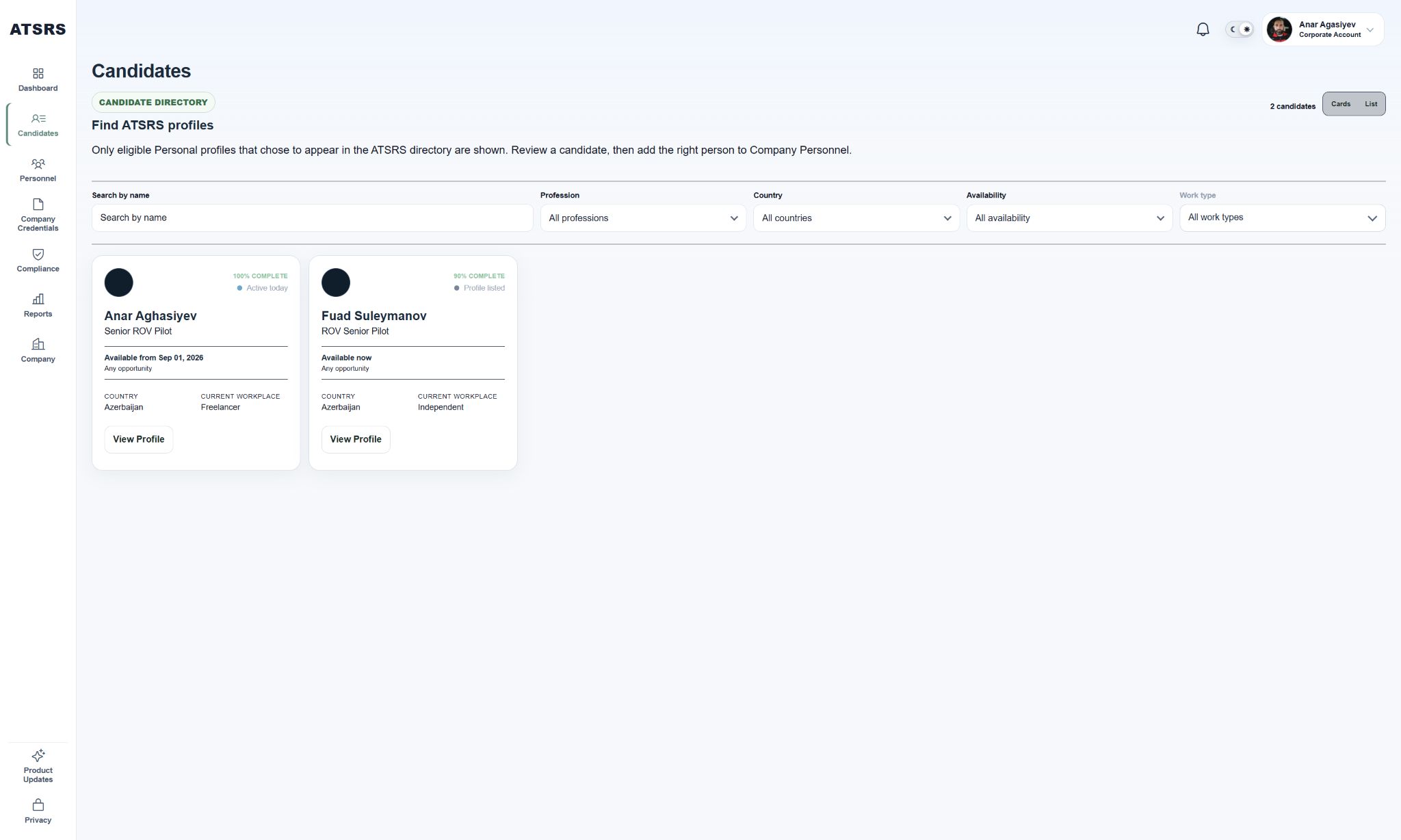 ATSRS Corporate personnel workspace preview